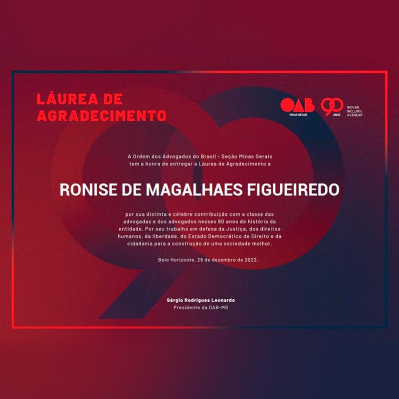 Dra. Ronise de Magalhães Figueiredo é laureada pela OAB-MG